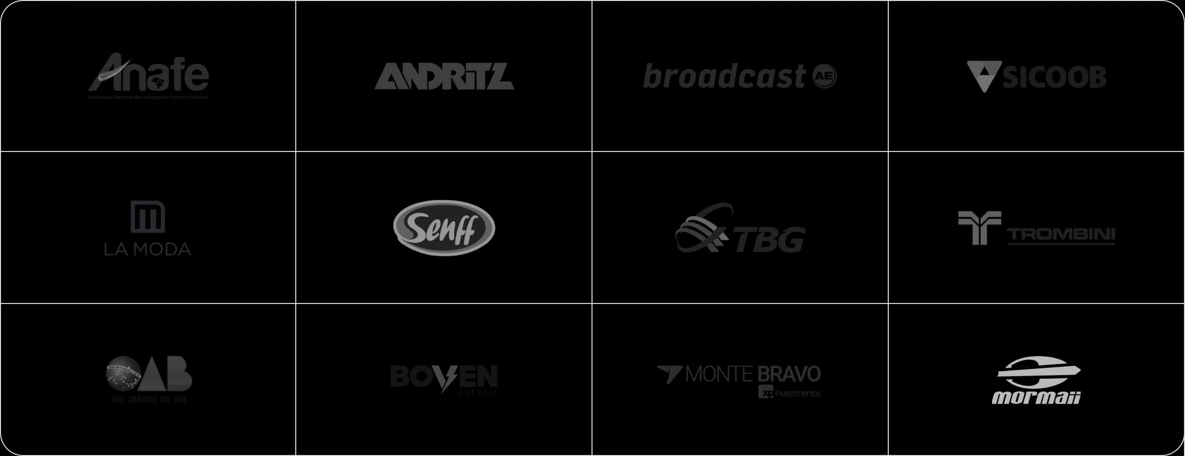 Clientes da Ubistart: Anafe, Andritz, Broadcast, Sicoob, La Moda, Senff, TBG, Trombini, OAB Rio Grande do Sul, Boven, Monte Bravo e Mormaii